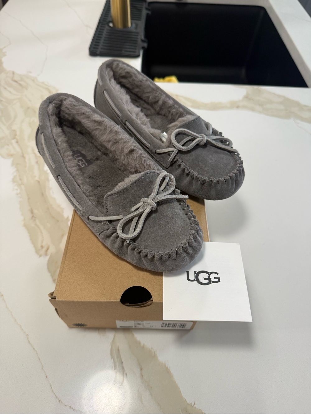 UGG Grey Suede Moccasin Slippers with Shearling Lining